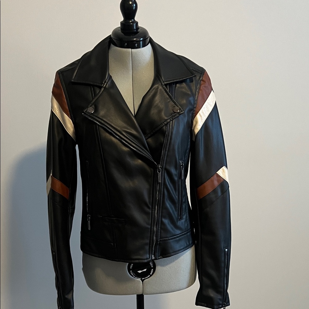 ESQUALO Black Faux Leather Jacket with Brown and White Details
